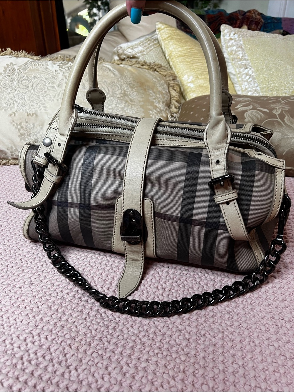 Burberry Smoked Check Trench Satchel Handbag Leather Trim + COA